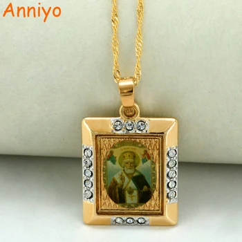 

Anniyo Saint Nicholas Necklace Pendant Gold Color Jewelry Cubic Zirconia St. Nikolas Russia Necklaces Women/Men #040204