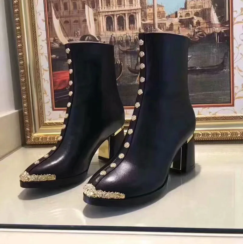 

Luxury Brand Knight Boots Gold Metal Decor Women Winter Shoes Short Booties Leather Mid-calf Boots Warm Shoes Round Toe Button