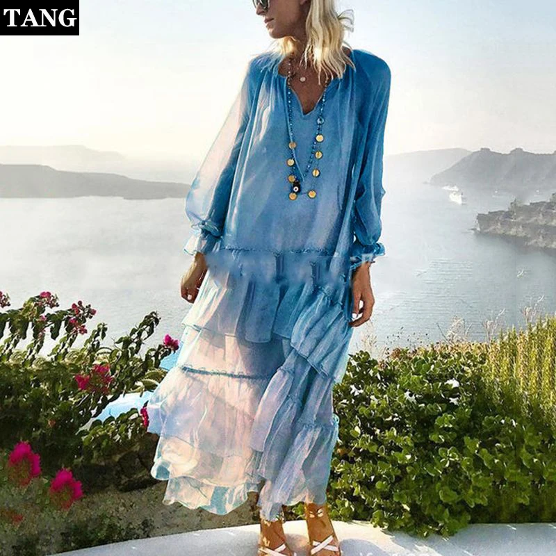 Blue floral print boho Dress 2019 Summer V-neck long sleeve Patchwork Ruffles Women Dress Vestidos (4)