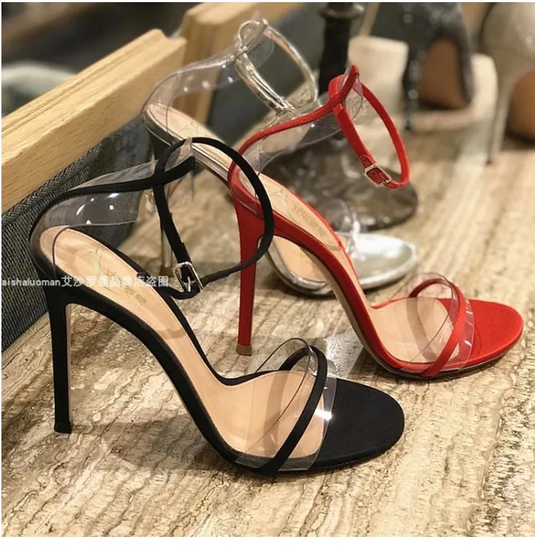 

Red high heels 2019 new net red sexy wild stiletto black word with transparent sandals female fairy wind