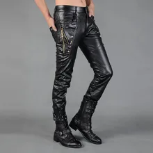 Черные мотоциклетные брюки из искусственной кожи мужские прямые повседневные штаны из искусственной кожи с заклепками Штаны для мужчин модные мужские панталоны персонализированные