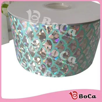 

hot sale 75mm (3 inch) silver fish scale holographic grosgrain ribbon with custom accept ,100yard