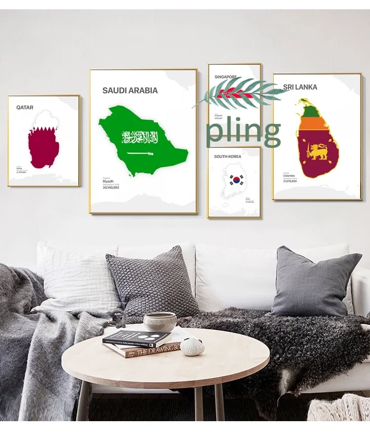 

QATAR SAUDI ARABIA SINGAPORE SOUTH KOREA SRI LANKA SYRIA TAIWAN TAJIKISTAN Country Map Art Canvas Painting