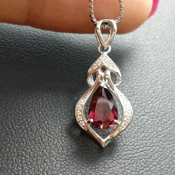 

FLZB, Pendant Necklace Fine Jewelry 925 Sterling Silver Red Tourmaline Natural Rubellite gem Water Drop 6*9MM Trendy Jewlery