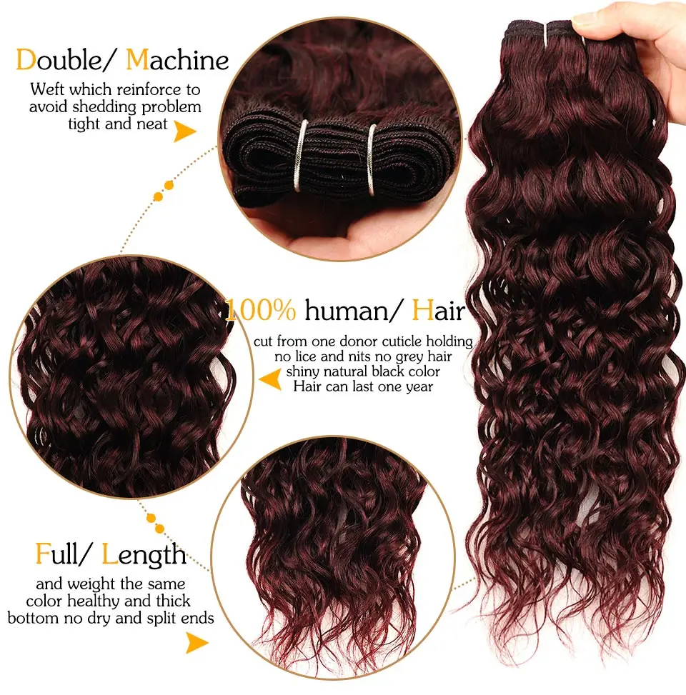 Pinshair Red Hair 4 Bundles Water Wave Brazilian Human Hair Weaving Burgundy Water Wave Wet Wavy Non Remy Hair Weave Extensions (1)