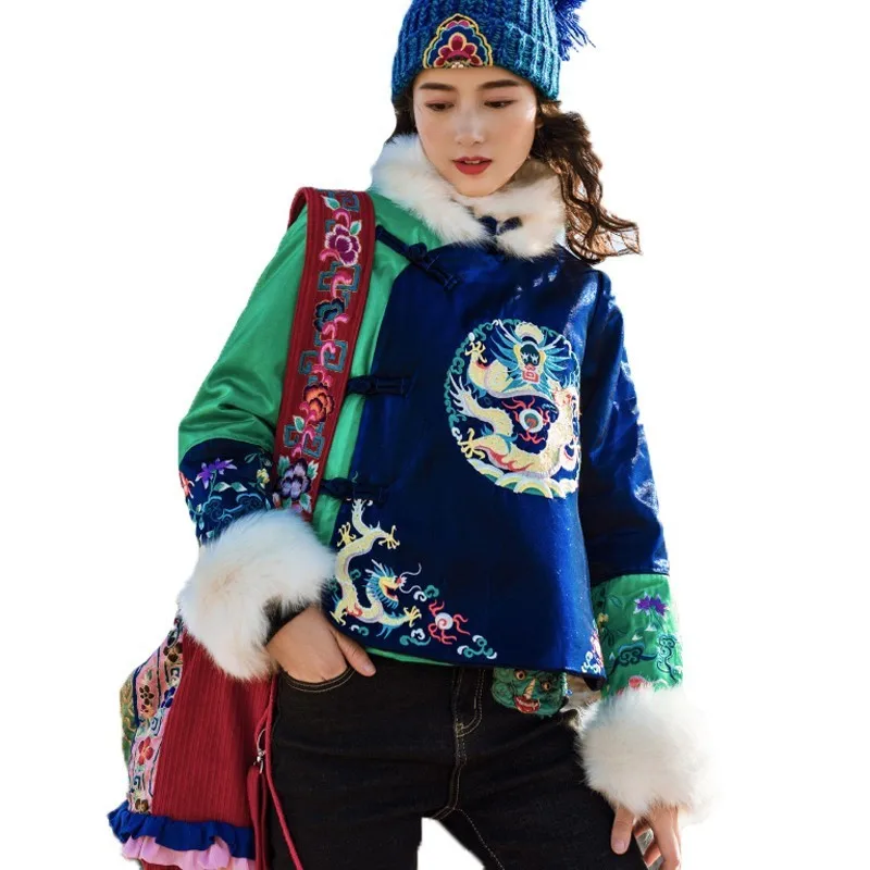 

Short Outerwear Warm Fur Collar Cotton Coat Female Dragon Embroidery Chinese National Style Vintage Women Winter Jacket B145
