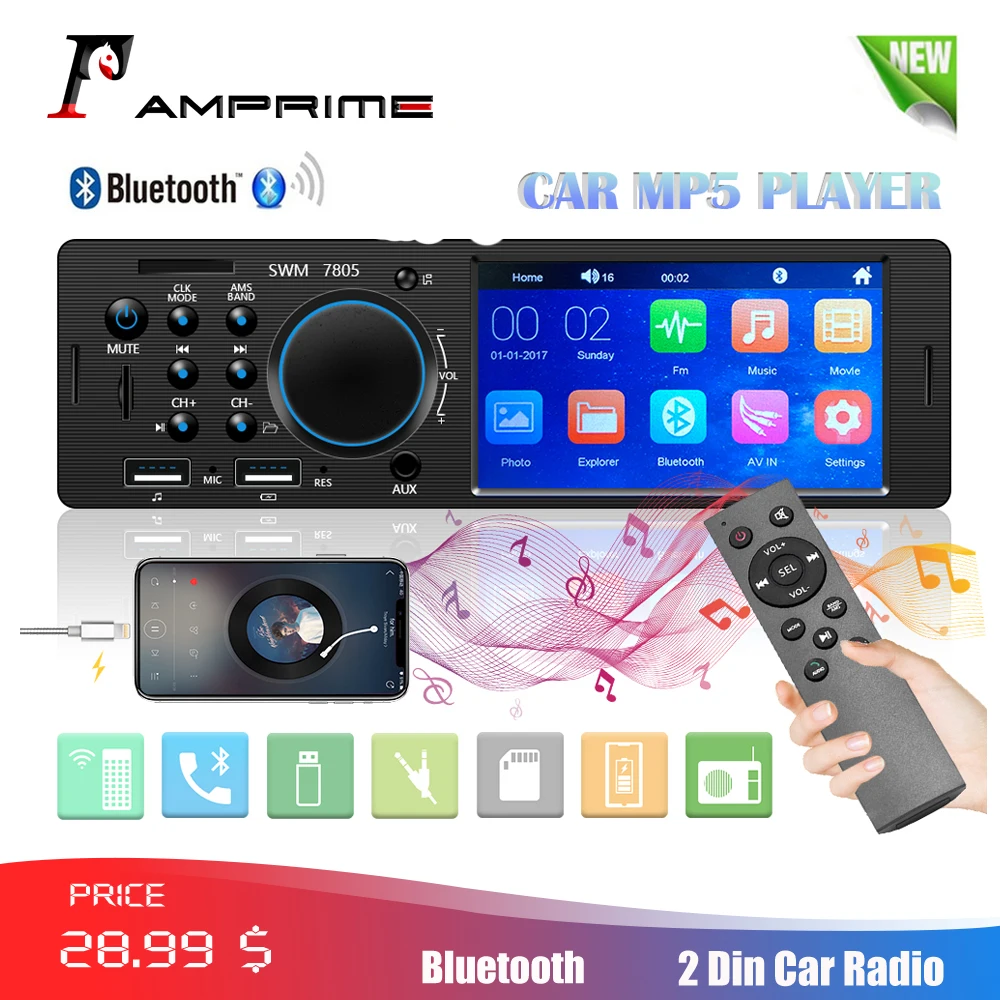 

AMPrime 1Din Autoradi 4.1" TFT Car Stereo Radio Bluetooth FM Radio USB/AUX/ Remote Control Audio MP4 MP5 Player With Rear Camera