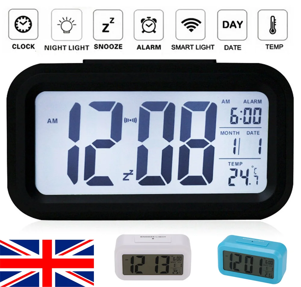 

Digital Alarm Clock Automatic Soft Light Snooze Desk Clock Alarm Date Temperature LCD Display Family
