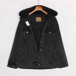 Черная длинная джинсовая куртка Для женщин Свободные съемный капюшоном Повседневное Большие размеры 2019 Демисезонный куртка-бомбер