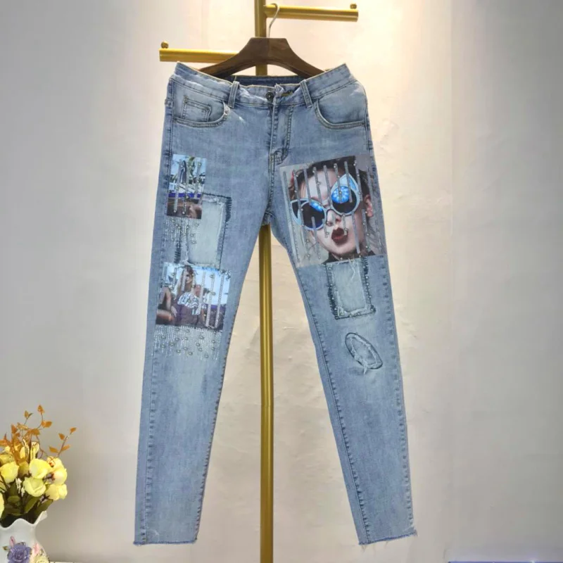 Высокая талия джинсы женские летние новые модные бисерные рваные Персонализированная нашивка по щиколотку skimmy карандаш джинсы размера плюс 26-3 - Цвет: light blue