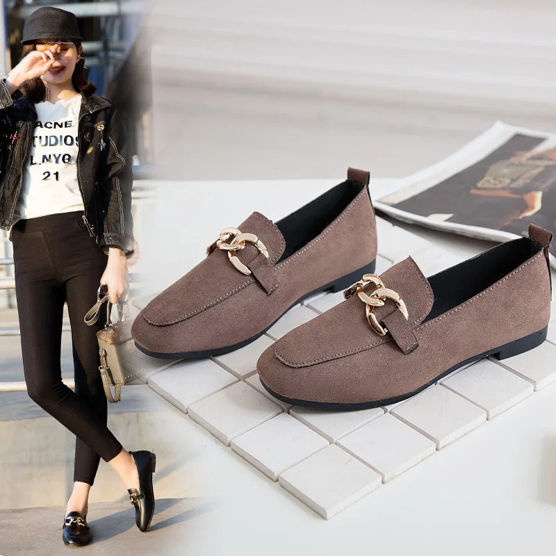 

2018 New Pattern Spring Autumn Ways England Wind Chain Single Shoe Woman Square flates Bottom Velvet Noodles Casual Shoes