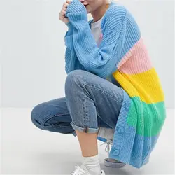 Осень Для женщин вязаный кардиган Rainbow свитер в стиле пэчворк Maccaron Цвет в полоску Свободные Harajuku свитер Для женщин весна свитера