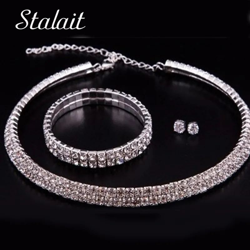 

Fashion Women Wedding Jewelry Sets For Bridal Silver 925 Jewelry Rhinestones Choker Necklace Earrings Bracelet Sets