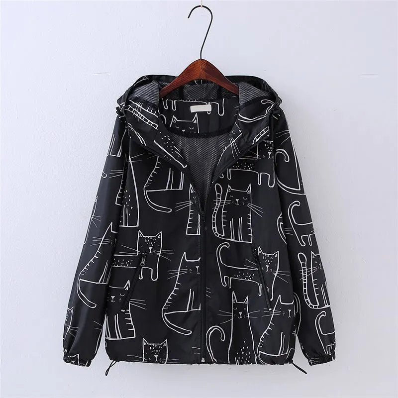 

2019 Japan Harajuku Jacket Mori Girl Outwear New Women Sweet Cute Cat Printed Hooded Long Sleeve Casual Coat Female Coats