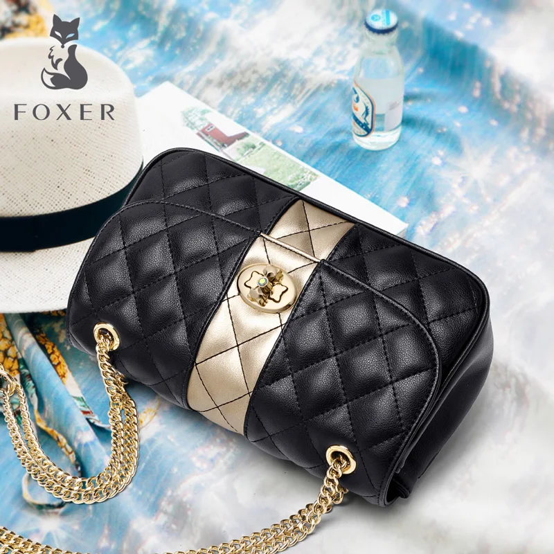  FOXER Women Chain Strap Messenger Bag Diamond Lattice Flap Lady High Quality Leather Ladies' Should