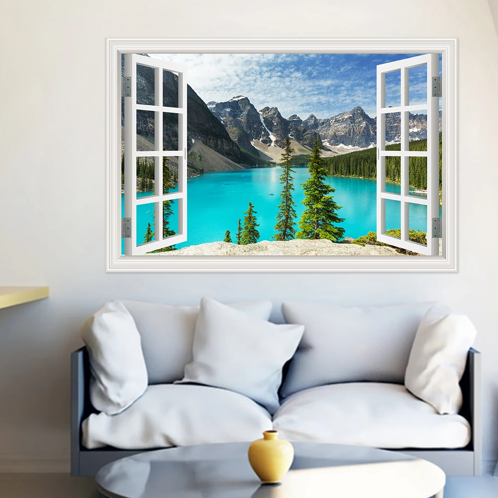

3D Wall Sticker PVC Decals Modern Landscape Green Tree Wall Art Creative Window View Home Decoration Accessories for Living Room
