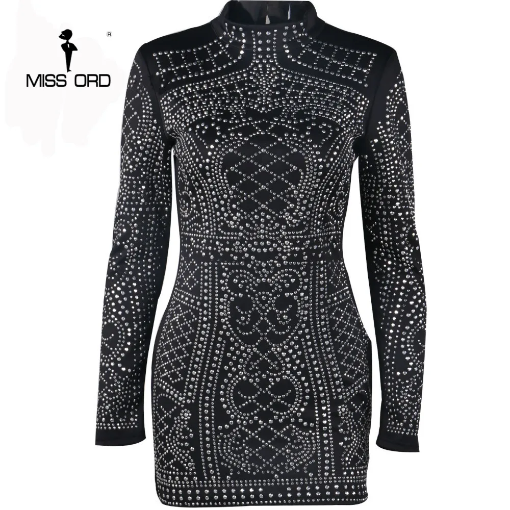 Goede Gratis Verzending 2020 Sexy Geometrische Retro Rhinestone Hooggesloten Lange Mouwen Bodycon Strakke Jurk Feestjurk FT2838