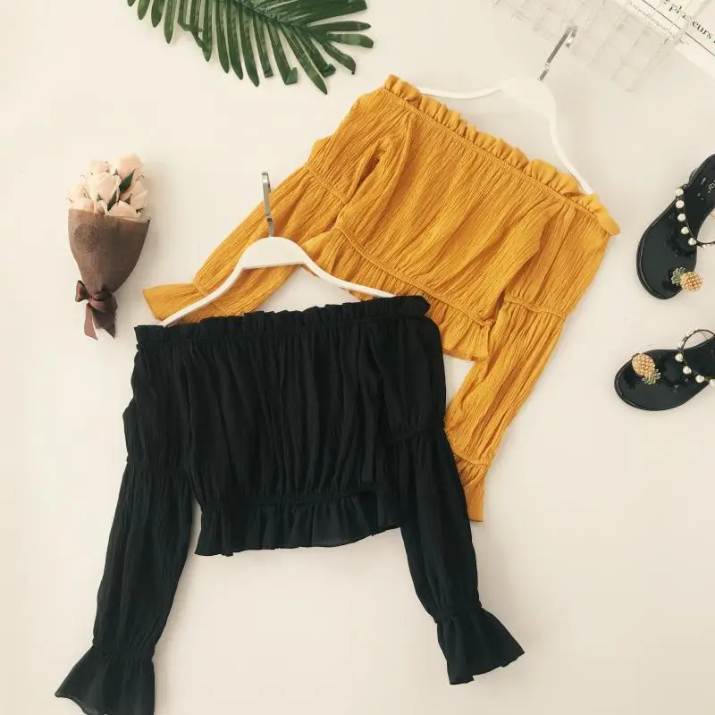 المرأة الصيف القطع الرقبة مضيئة كم قصير الشيفون الكشكشة قميص أنيقة سيدة قبالة الكتف عالية الخصر سليم البلوز بلوزة قمم