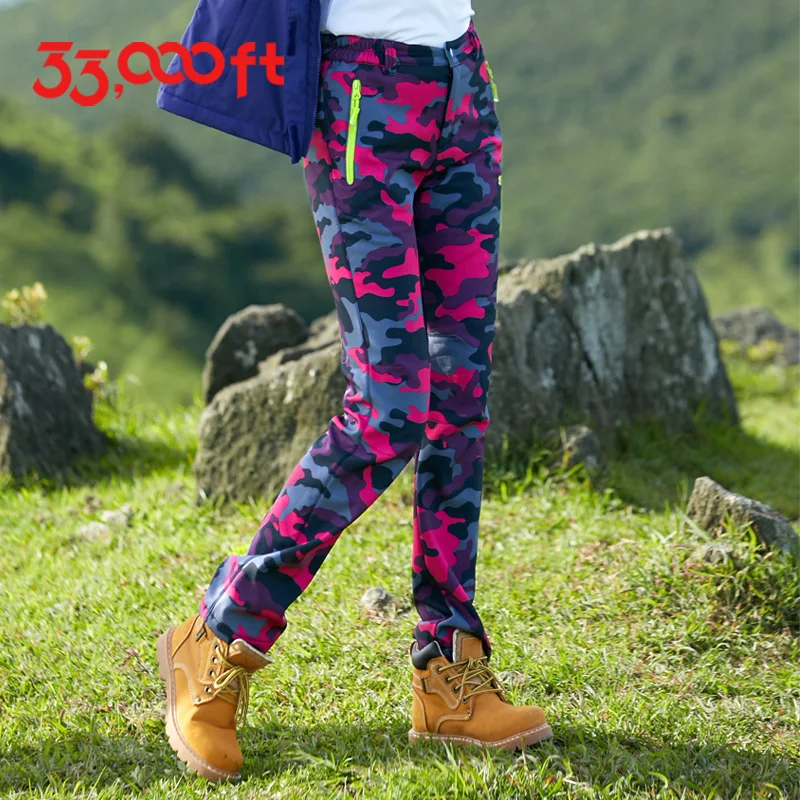 Las mujeres gruesa cálida pantalones de senderismo de camuflaje al aire libre Softshell Camping escalada Trekking pantalones de invierno a prueba de viento impermeable