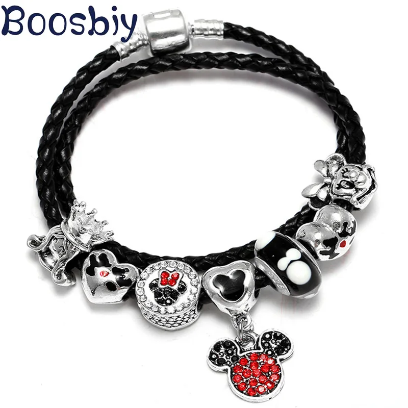 

Boosbiy Dropshipping DIY Silver Color Leather Charm Bracelet With Mickey Minie Beads Pandora Bracelet For Kids Nice Jewelry Gift