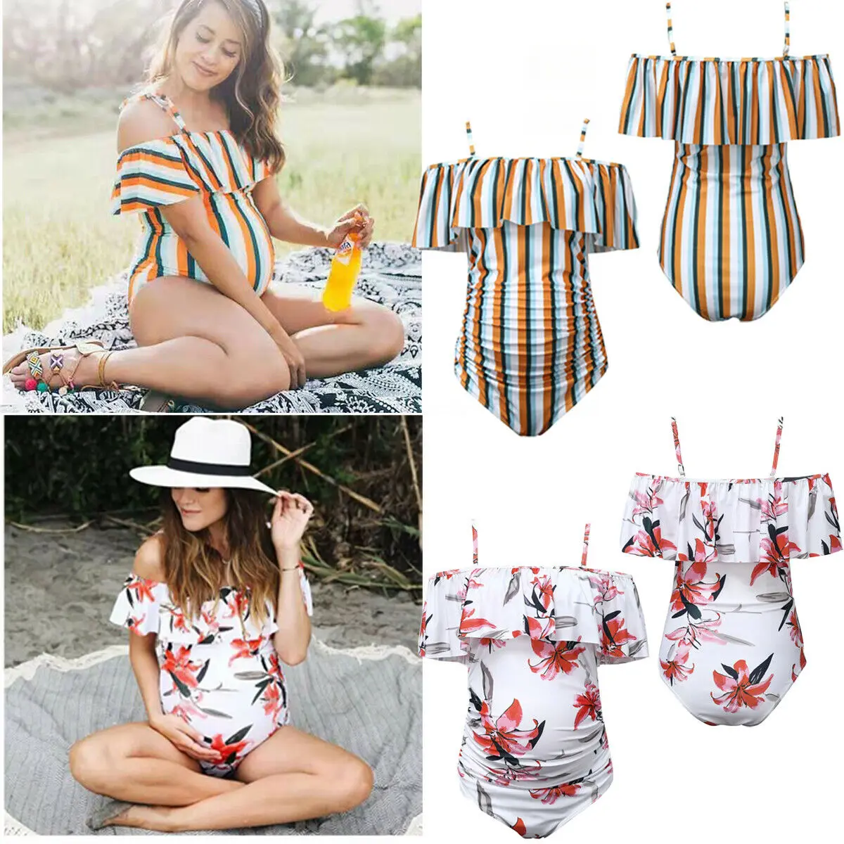 

2019 New Style Ruffles Stripe Women's Maternity Floral Stripe Swimwear Bikini Tankini Swimsuits Pregnancy
