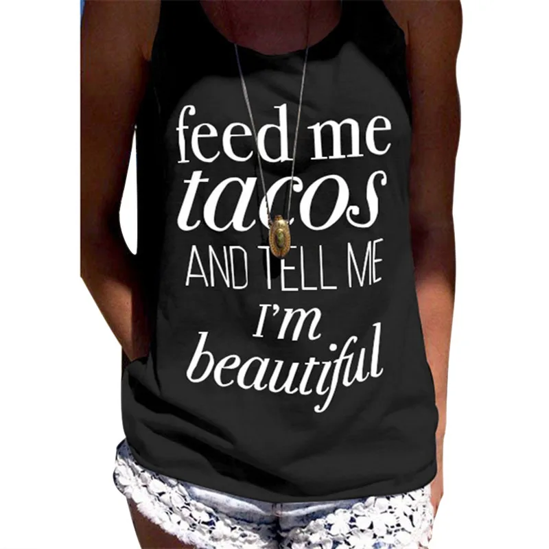 Летняя новая мода "Feed Me Tacos" письмо напечатано свободно жилет без рукавов Простой повседневный жилет футболка