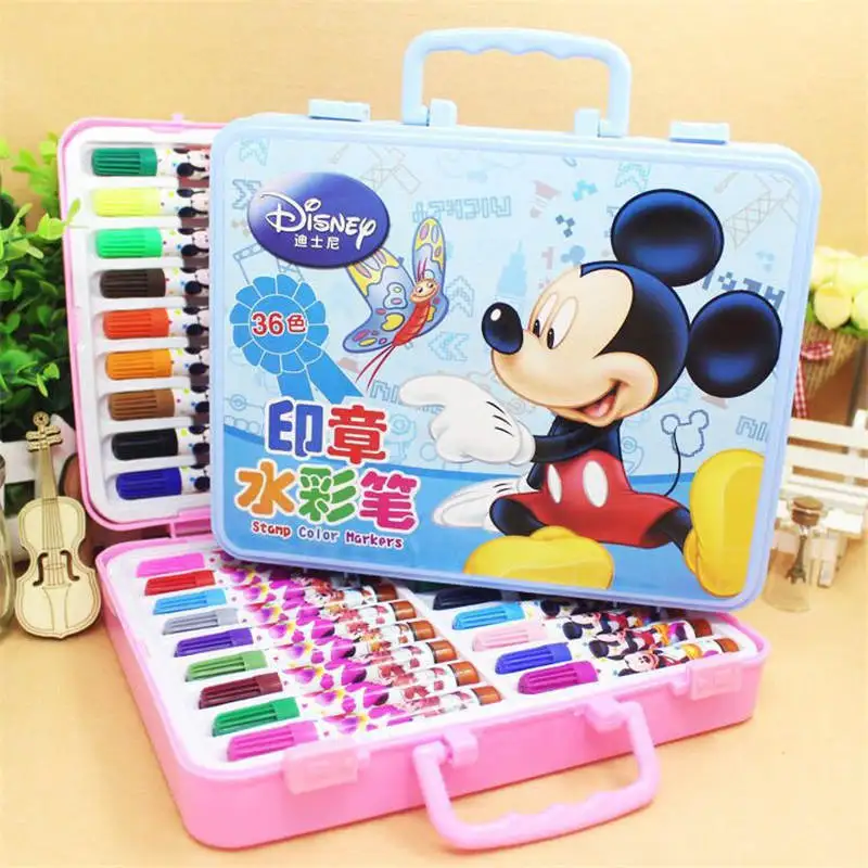

36 colors/set 2019 new Disney Mickey cartoon drawing toys children's seal toy plastic box set painting art supplies color pen
