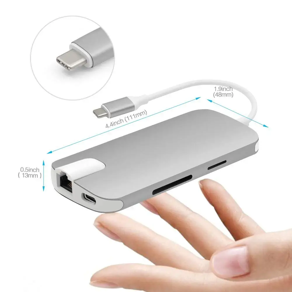 USB C концентратор 8 в 1 usb type C адаптер ключ с HDMI портом, гигабитный Ethernet порт, type-C прохода, 3 USB 3,0 порта