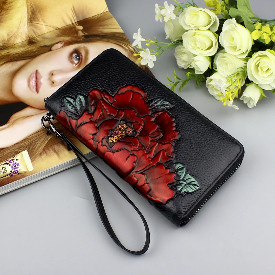 Genuine Leather Women's Wallets Zipper Fashion Flower Long Wallet Purse