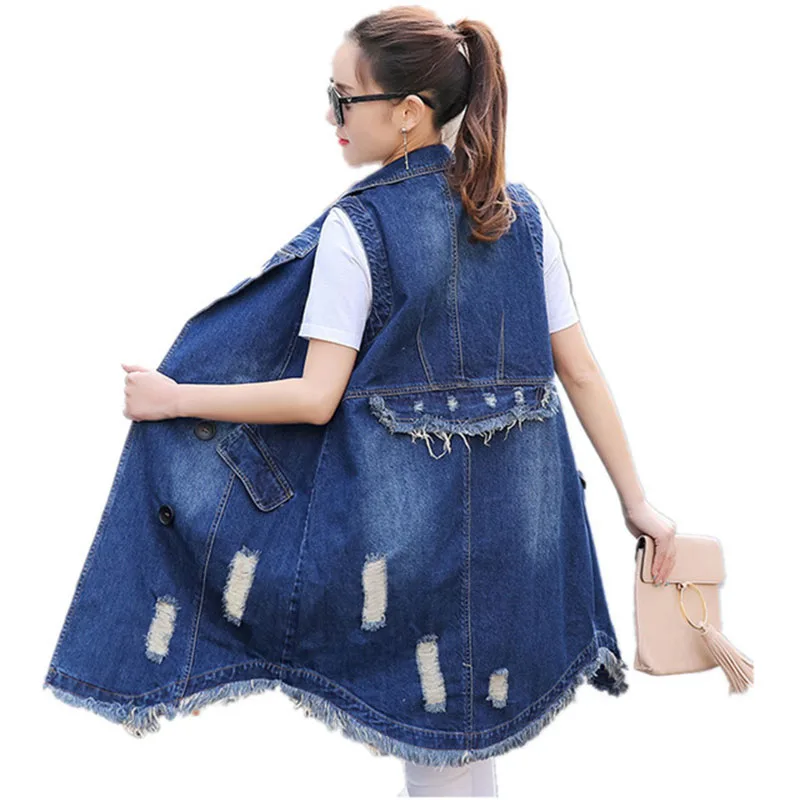 Асимметрия кисточкой длинные джинсовые Veste Femme двубортный отверстие хлопок джинсовая куртка кардиганы без рукавов для женщин облегающий жилет