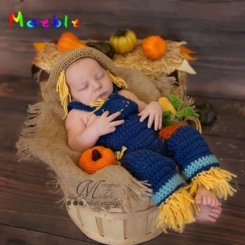 

2018 Crochet Scarecrow Newborn Photography Props Knitted Costume for Baby Boys Coming Home Outfits Baby Hat and Romper Set