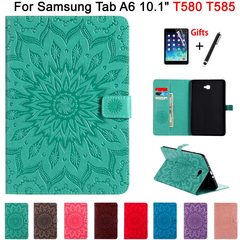 3D Sunflower тиснением Искусственная кожа чехол для samsung Galaxy Tab A A6 10,1 2016 T580 T585 SM-T585 T580N принципиально кожи Shell + пленка + ручка