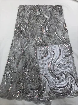 

French Net Lace Fabric 2019 Latest African Tulle Lace Fabric with Sequins and Beads 3D Flower Lace Applique for Dress(FJ194