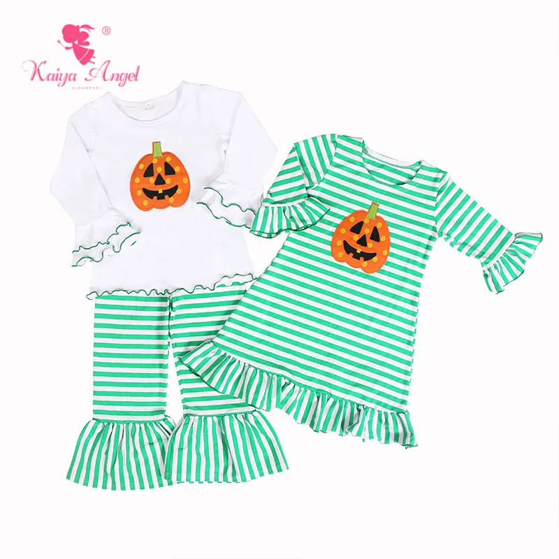 

Kaiya Angel Halloween Pumpkin Green White Cotton Strip Long Sleeve Outfits Toddler Girl Boutique Autumn Winter Clothes Wholesale