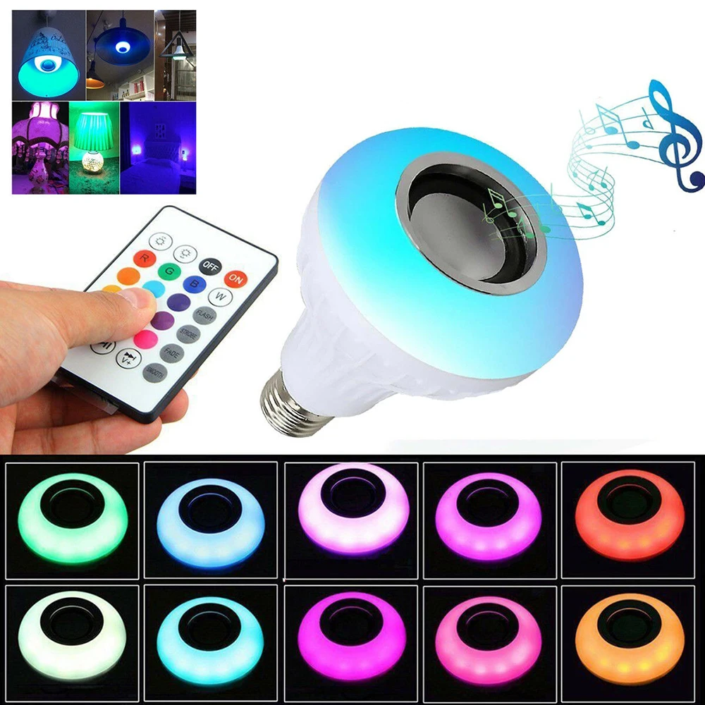 Смарт E27 RGB Bluetooth динамик светодиодный светильник 12 Вт Музыка Воспроизведение затемнения беспроводной светодиодный светильник с 24 клавишами дистанционного управления