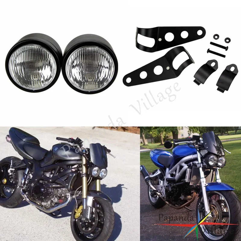 

Papanda Motorcycle Dual Sport Black Twin 12V Headlight Billet Head Lamp w/Mount Bracket Custom for Harley Dyna Bobber Choppers