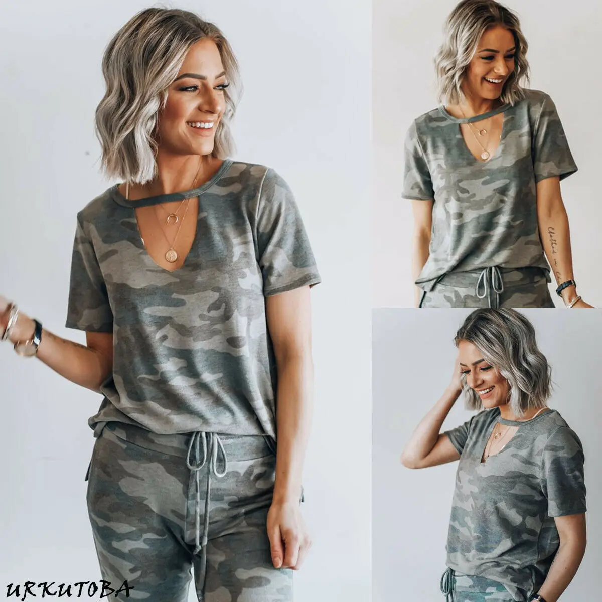 

Women Camouflage T Shirt Sweatshirt Short Sleeve Low Cut V Neck T-Shirts Army Style Casual Tops
