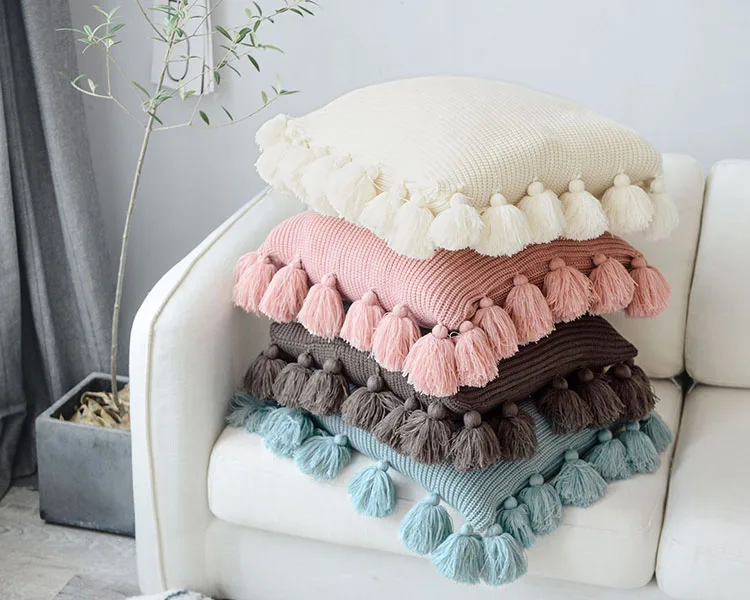 Knitted Cushion Cover Solid Pink Beige Grey Nordic Style Pillow Case With Tassle For Sofa Bed Room Home Decorative 45*45cm