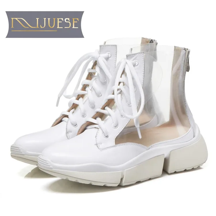

MLJUESE 2019 women ankle boots PVC+Cow leather Rome style autumn spring transparent female boots strange heel women martin boots