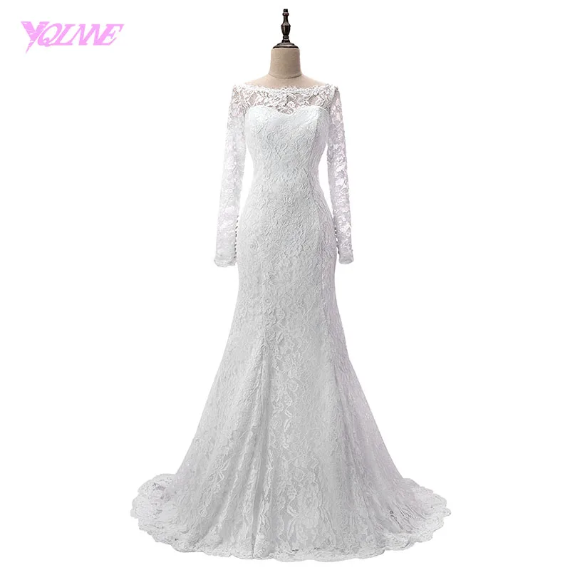 

YQLNNE Vestido De Noiva 2018 White Lace Long Sleeve Mermaid Wedding Dresses Bridal Gown Lace-up Sweep Train