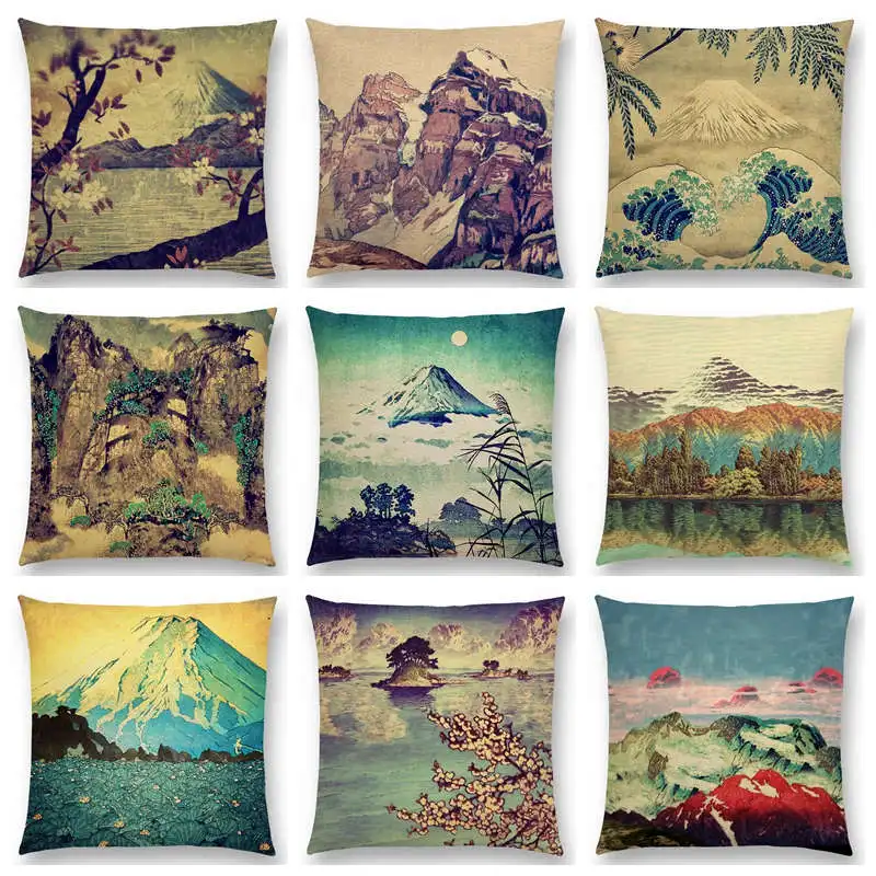 

Japanese Style Landscape Painting Four Seasons Nature Scenery Fuji Mountains Woods Rivers Sea Cushion Cover Sofa Pillow Case