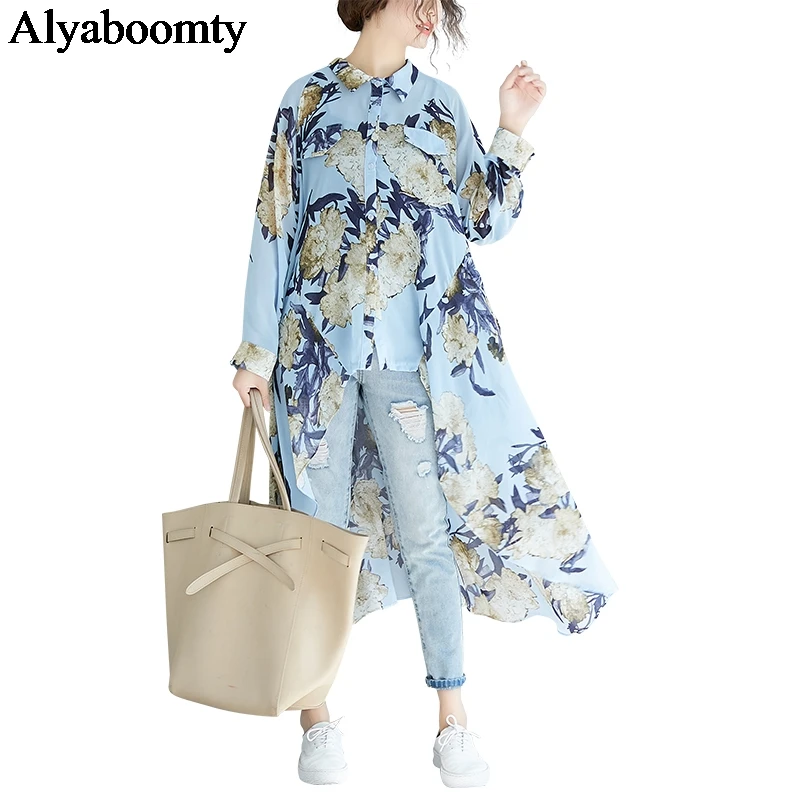 

2019 Summer Plus Size Women Blouse Floral Print Casual Loose Lady Tops Shirts Long Sleeve Elegant Female Clothes Beach Cardigan