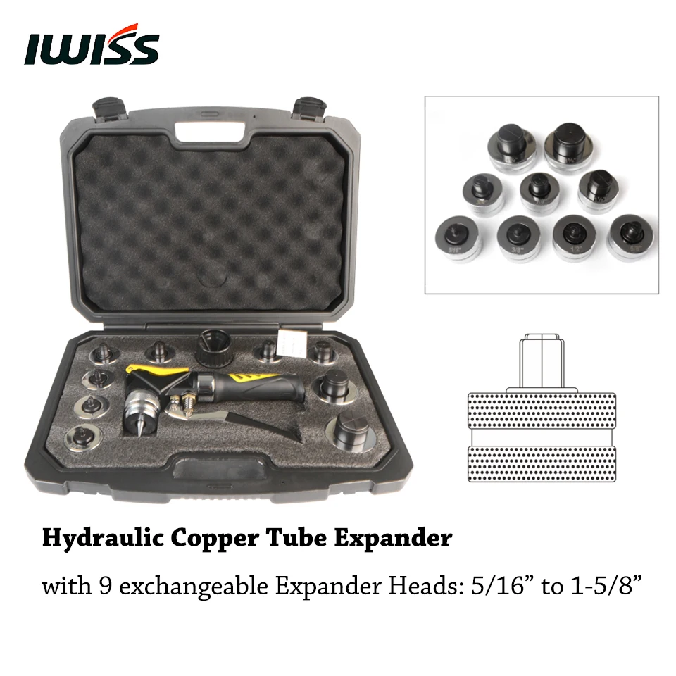 

IWISS Manual Hydraulic Copper Pipe Expanding Tool Kit with 9 exchangeable Expander Heads 5/16" to 1-5/8" for US Standard