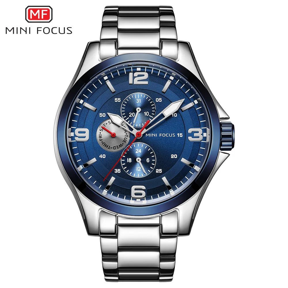 Мини фокус мужские светящиеся часы из нержавеющей стали бизнес хронограф кварцевые наручные часы армейские Relogios Masculino часы 0199 г - Цвет: MF0199G-Blue