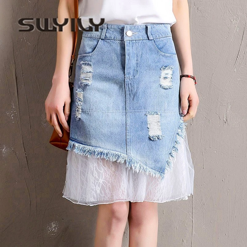 SWYIVY High Waist Women Skirt Denim With Lace 2018 Female Sweet Irregular Cotton Breathable A Skirt Blue Woman Casual Clothing