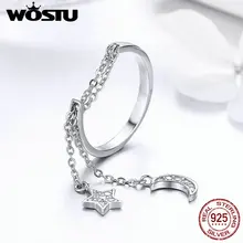 WOSTU, празднование Луны и звезды, цепочка, звено, кольцо, 925 пробы, серебро, регулируемые кольца, прозрачный CZ палец для женщин, ювелирное изделие FIR407