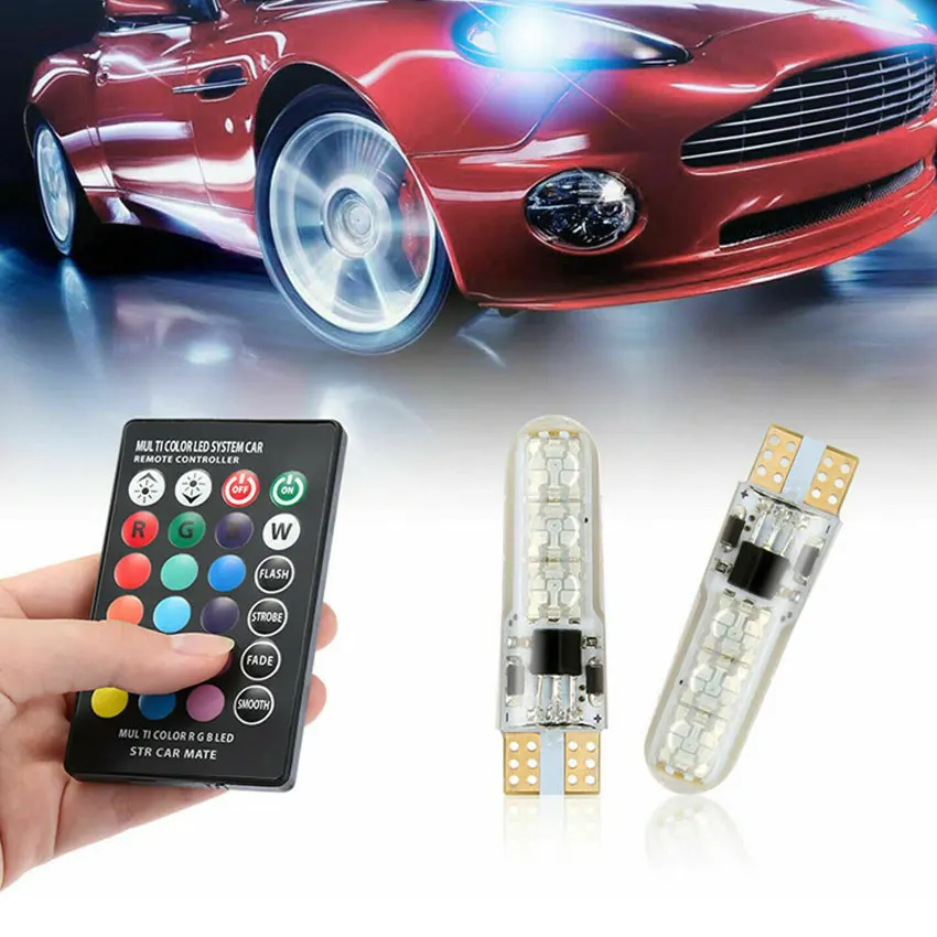 

2PCS/Lot T10 W5W 168 501 RGB 5050 SMD Car Lights 12V Dome Reading Light Automobiles Wedge Lamp With Remote Controller