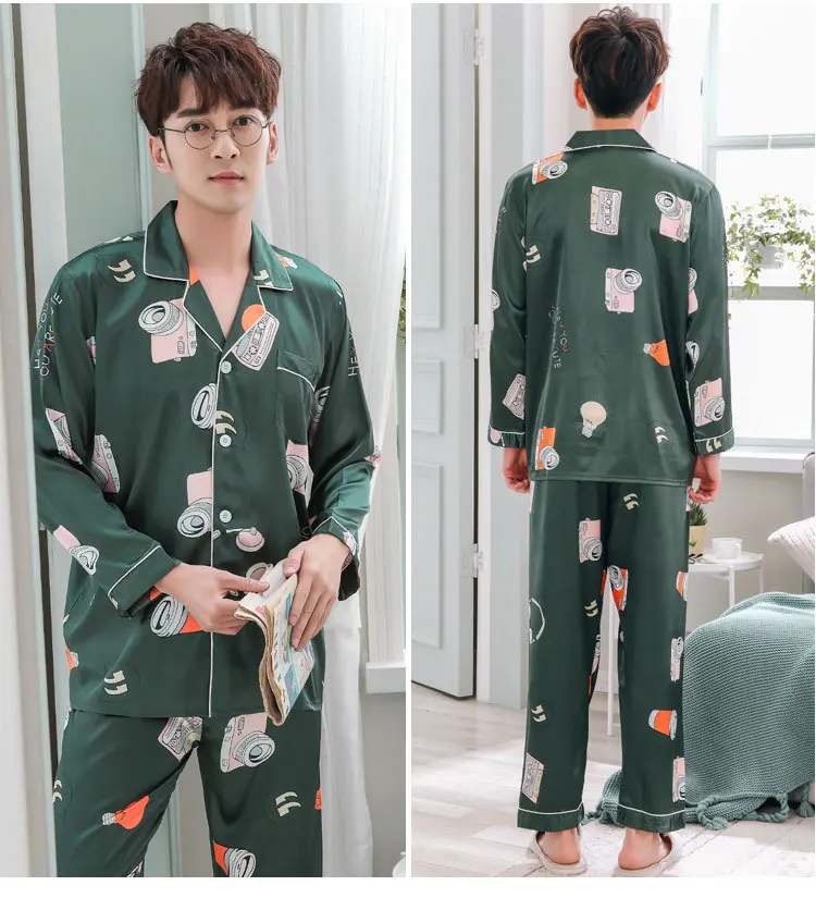 2019 Весна атласные шелковые Пижамный комплект для мужчин пижамы Мода дизайнерская Пижама Homme мужской 2 шт. Топы Корректирующие + брюки девоч