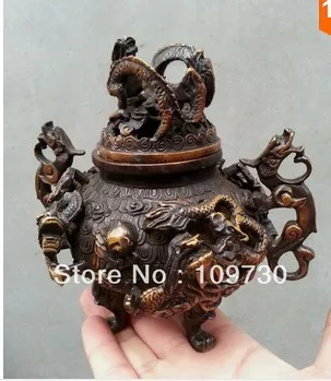 

00545 Collection Bronze China lucky 9 dragon Statue incense burner