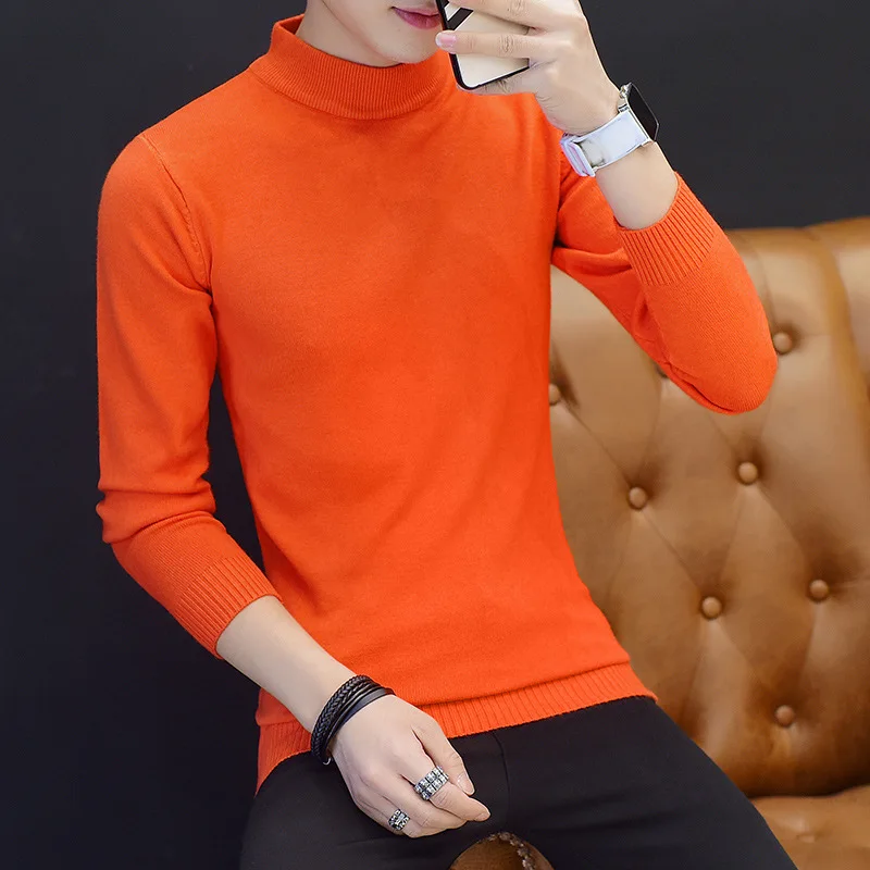 Men Sweaters Turtleneck Clothes 2019 Classic Simplicity Pullover Sweater Men Solid White Red Blue Orange Grey Black Sweaters